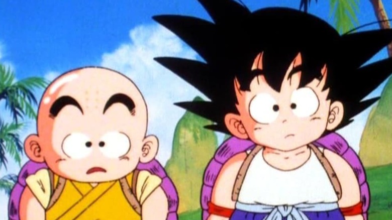 Krillin and Goku stare perplexed in Dragon Ball