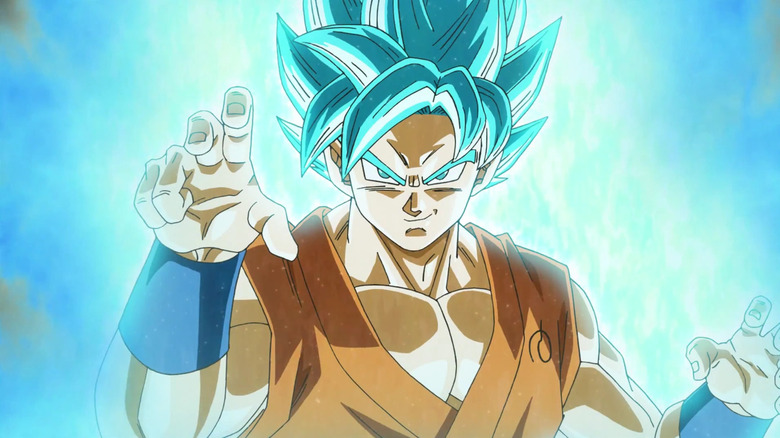 Goku doing a fighting pose as a Super Saiyan Blue in Dragon Ball Super