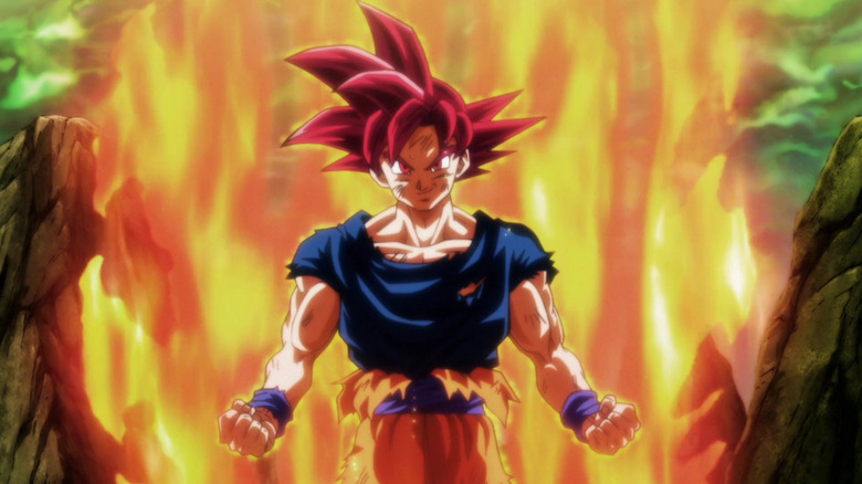 Goku with a smirk as he shows off his Super Saiyan God powers in Dragon Ball Z: Battle of the Gods