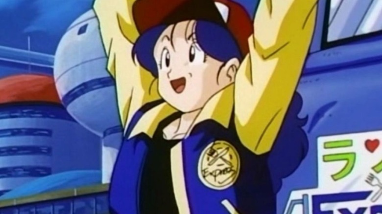 Launch with her arms in the air celebrating in Dragon Ball Z