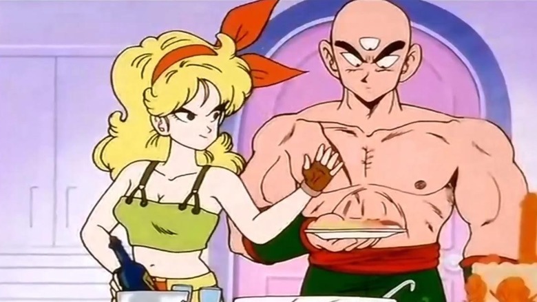 Launch teasing Tien who is grabbing some cake in Dragon Ball Z