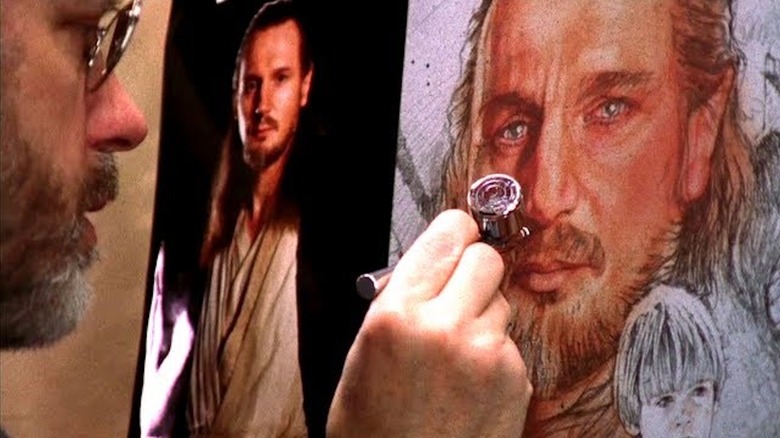 Drew Struzan memberikan sentuhan akhir pada Liam Neeson sebagai Qui-Gon Jinn di Drew: The Man Behind the Poster