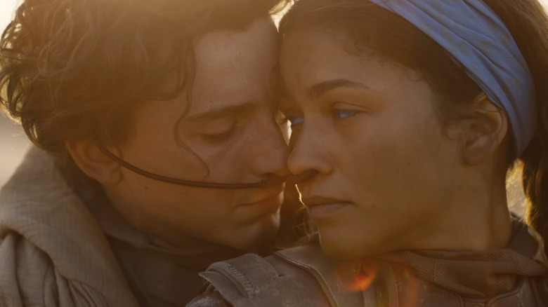 Paul and Chani embracing face to face in Dune: Part Three