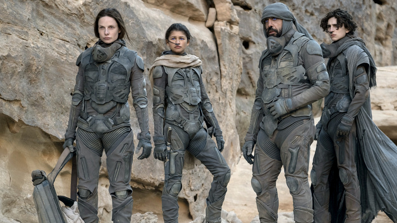 Rebecca Ferguson, Zendaya, Javier Bardem, and Timothée Chalamet in Dune