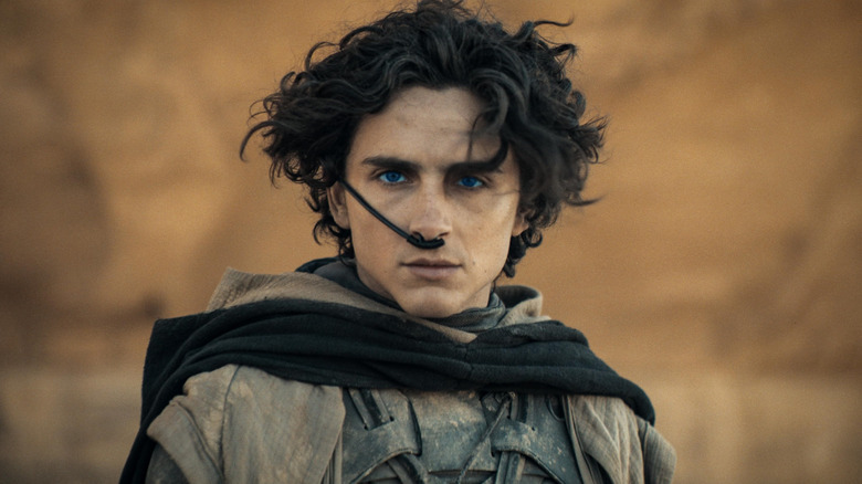 A close up of Timothee Chalame as Paul Atreides standing in front of a rock face in Dune: Part Two