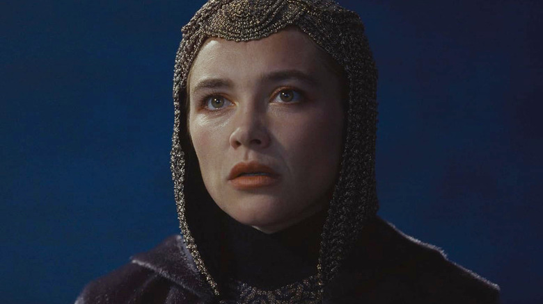 Florence Pugh as Irulan looking alarmed in Dune: Part Three