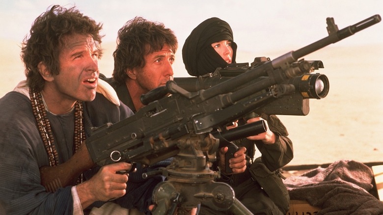Dustin Hoffman as Chuck Clarke, Warren Beatty as Lyle Rogers, and Isabelle Adjani as Shirra Assel, all armed to the teeth in Ishtar