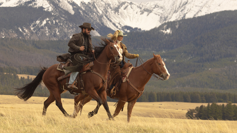 Cole Hauser's Rip Wheeler and Kelly Reilly's Beth Dutton ride horses on their land in Dutton Ranch