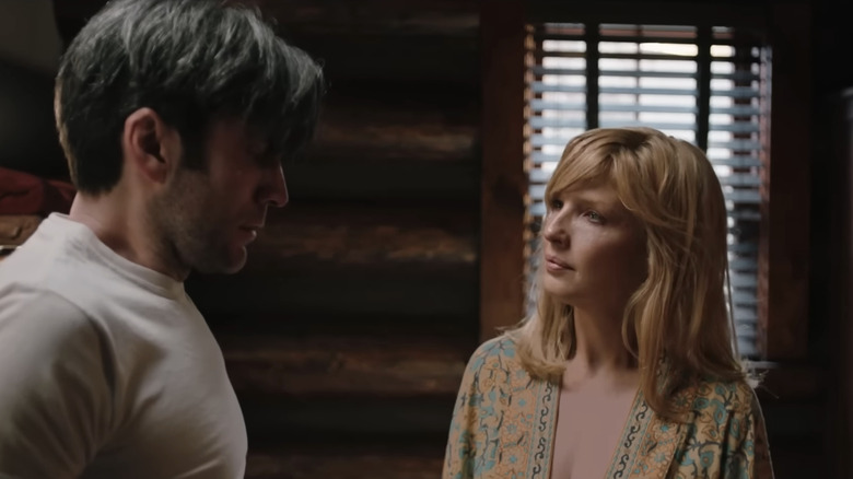 Wes Bentley's Jamie Dutton stands looking upset as Kelly Reilly's Beth Dutton watches in Yellowstone