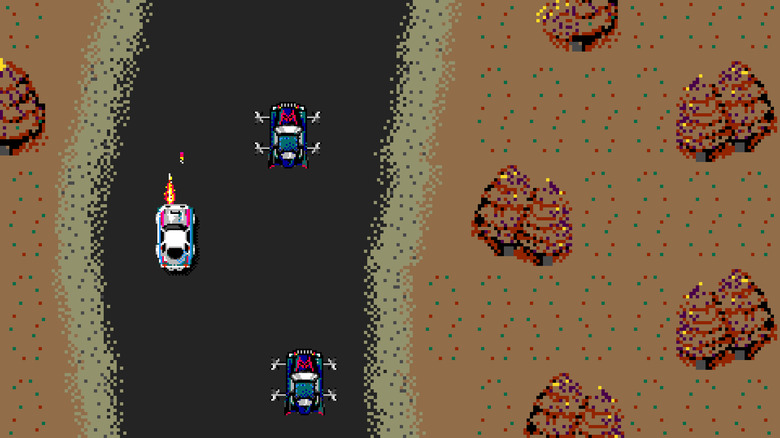 A high-speed chase from the 1983 arcade game Spy Hunter