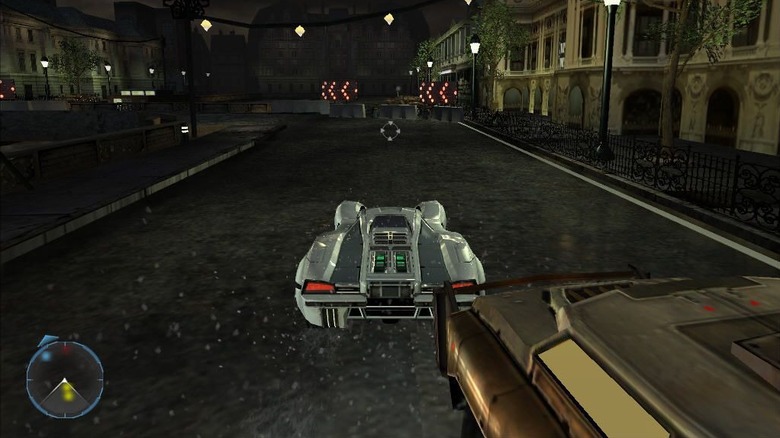 A spy car driving down a road in the rain in SpyHunter: Nowhere to Run
