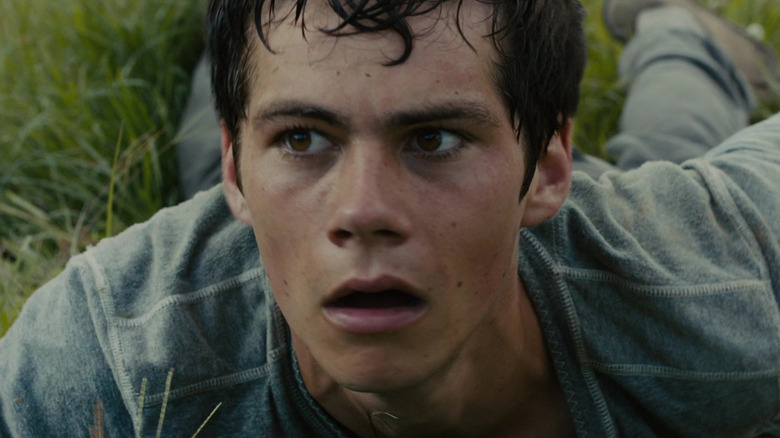 Dylan O'Brien as Thomas looking confused in The Maze Runner