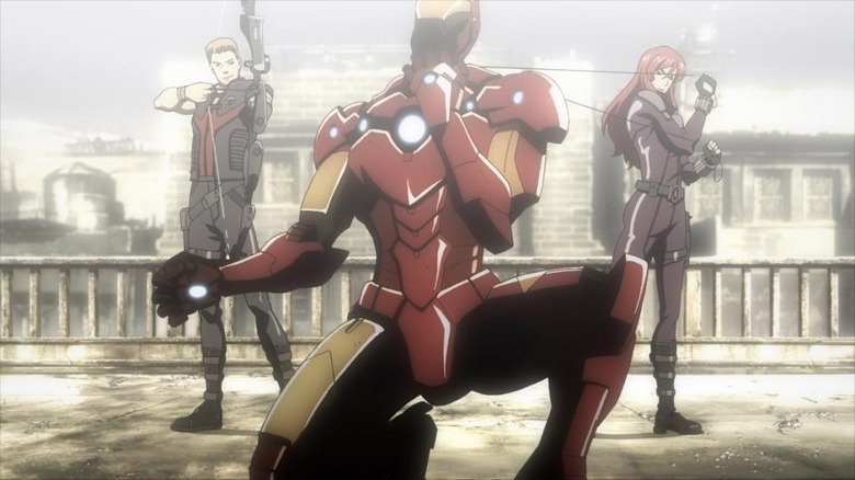 Iron Man Rise of Technovore anime Hawkeye Tony Stark Black Widow