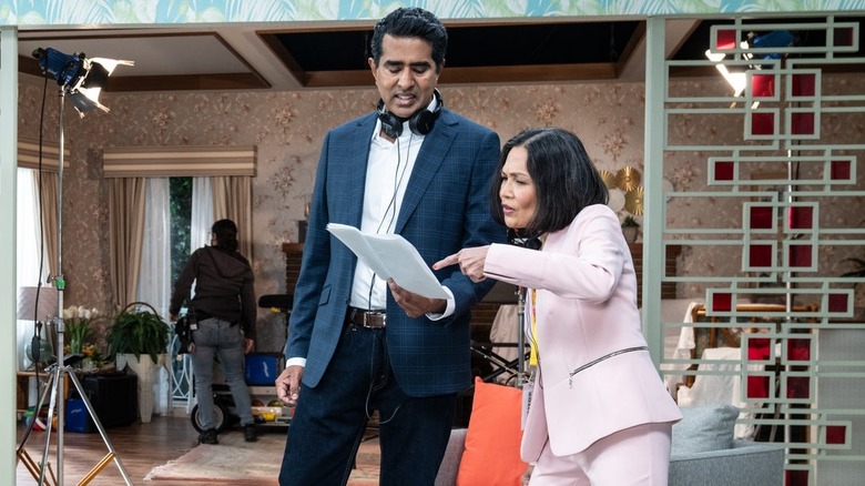 Jay Chandrasekhar and Lydia Gaston on the set of Easter Sunday