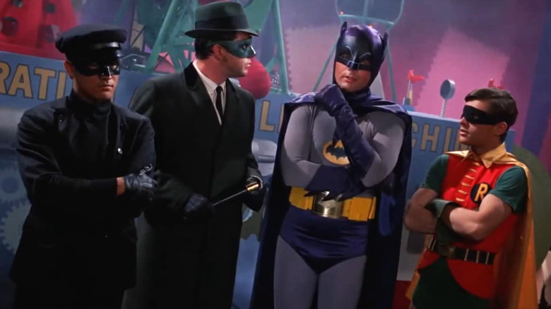 Kato, The Green Hornet, Batman, and Robin in a kooky villain's lair on Batman