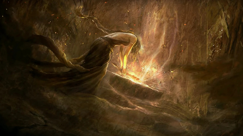 Queen Marika shattering the titular Elden Ring and causing The Shattering