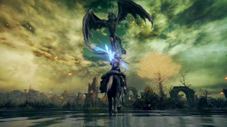 A Tarnished goes up against a winged beast in Elden Ring