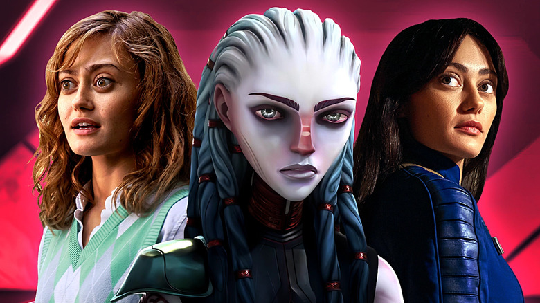 Images of Jackie from Yellowjackets, Gwyn from Star Trek Prodigy, and Lucy from Fallout edited together against a red background