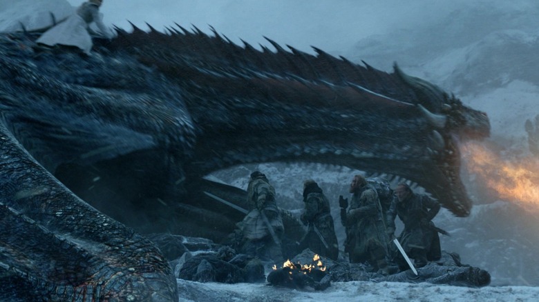 A dragon breathing fire north of the Wall in Game of Thrones