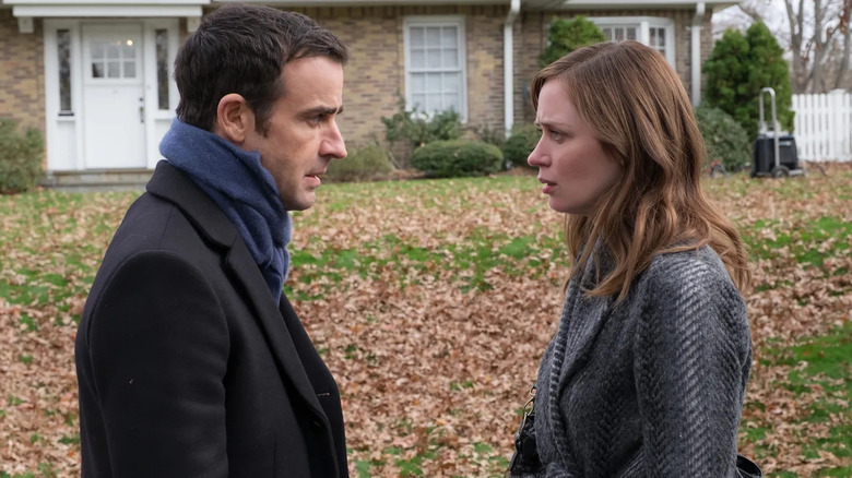 Tom and Rachel talking outside his house in The Girl on the Train