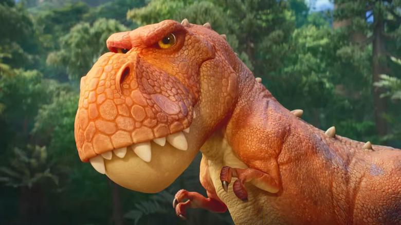 A T-rex with an angry look on its face in Paw Patrol: The Dino Movie