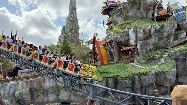 Hiccup's Wing Gliders roller coaster speeds through Isle of Berk at Epic Universe