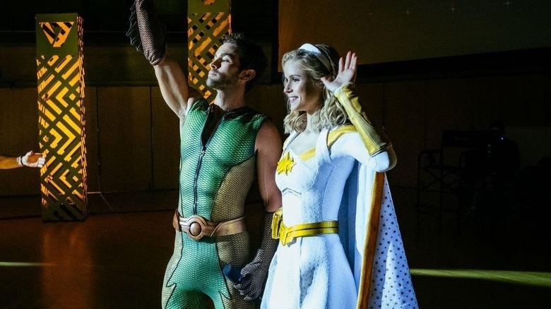 Chace Crawford as The Deep on stage with Erin Moriarty as Starfire in The Boys