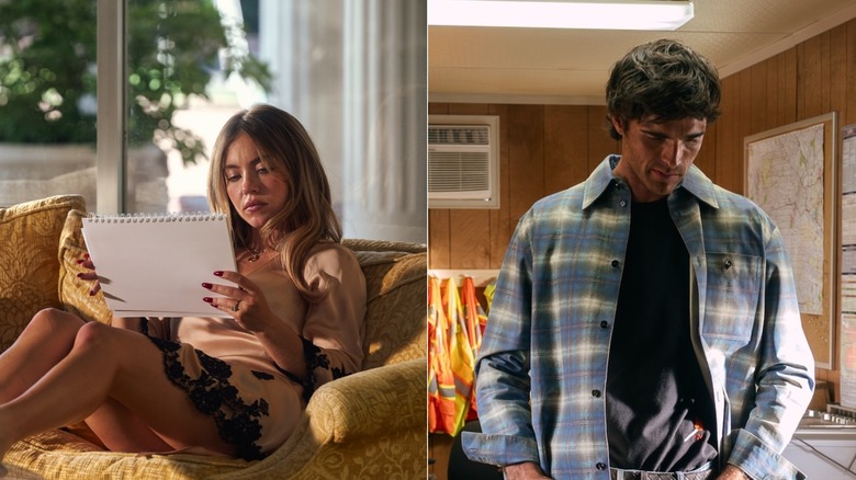 Cassie reading on the couch and Nate looking down at something on Euphoria