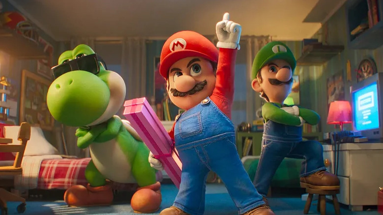 Yoshi, Mario, and Luigi hanging out in The Super Mario Galaxy Movie