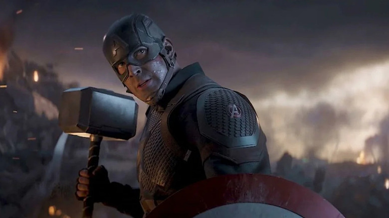 Steve Rogers holding Mjolnir in Avengers: Endgame