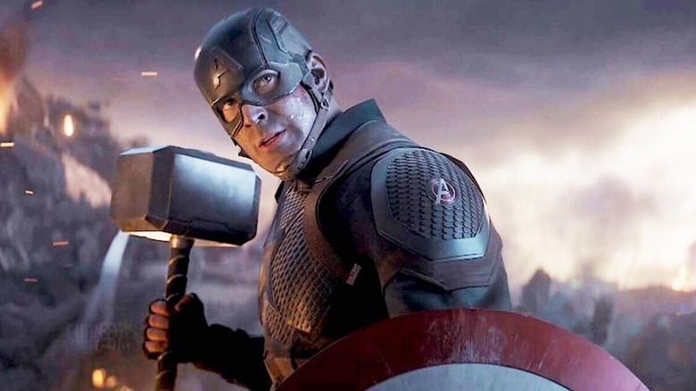 Close up of Steve Rogers (Chris Evans) with Mjolnir in Avengers: Endgame