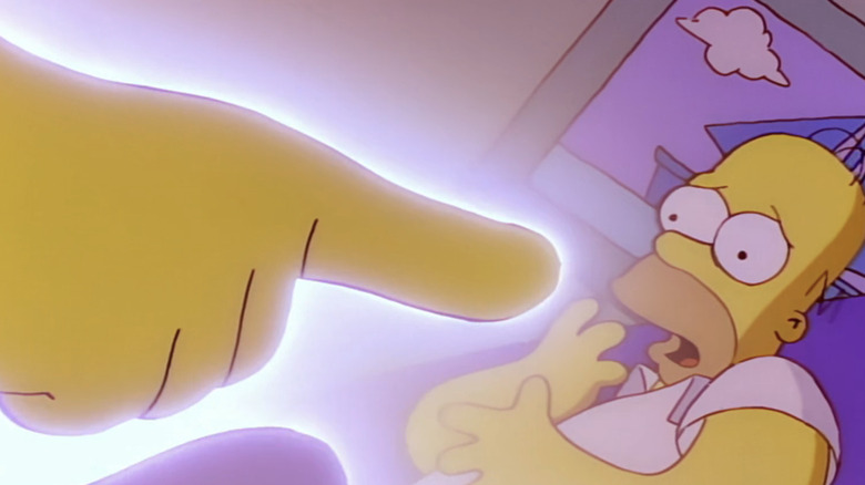 God wijst naar een bange Homer Simpson in The Simpsons