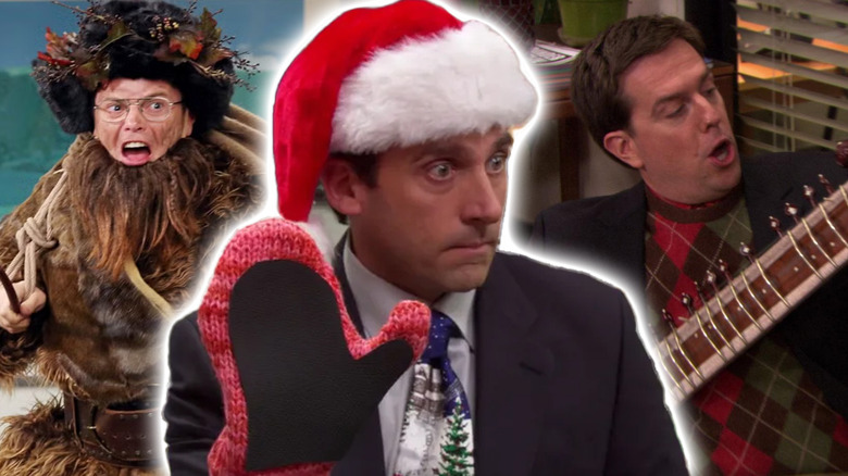 Dwight, Michael, and Andy in some of The Office Christmas episodes in a composite image