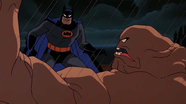 Batman vs Clayface in the rain in Batman: The Animated Series