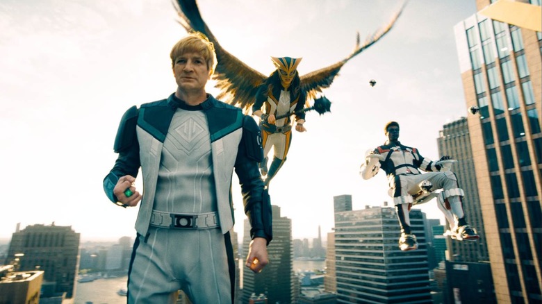 Guy Gardner, Hawkgirl, and Mr. Terrific in the sky