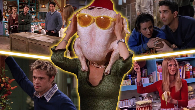 A collage of Monica Geller (Courteney Cox) wearing a turkey on her head surrounded by Monica and Ross Geller (David Schwimmer) holding a football, Rachel Green (Jennifer Aniston) proudly peeling a banana, Will Colbert (Brad Pitt) glaring, and Phoebe Buffay (Lisa Kudrow), Joey Tribbiani (Matt LeBlanc), and Ross examining a large crate in Friends