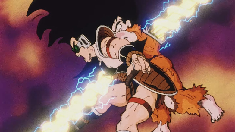 Goku holds Raditz as they are both killed with Piccolo's special beam cannon in Dragon Ball Z