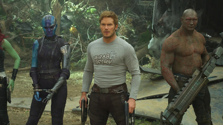 Karen Gillan's Nebula, Chris Pratt's Star-Lord, and Dave Bautista's Drax in Guardians of the Galaxy Vol. 2