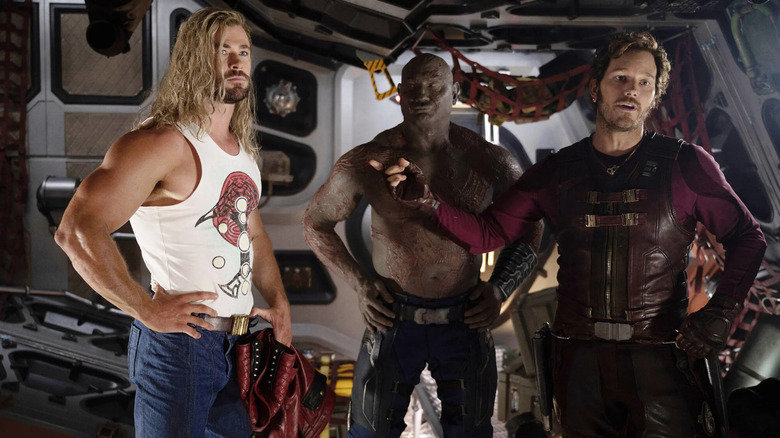 Chris Hemsworth's Thor, Dave Bautista's Drax, and Chris Pratt's Star-Lord in Thor: Love and Thunder