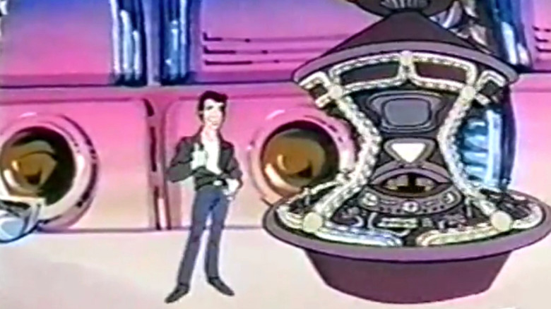 Fonz posing next to time machine in The Fonz and the Happy Days Gang