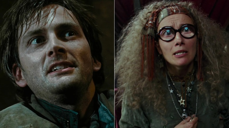Left: David Tennant's Barty Crouch Jr. looks sweaty and evil in Harry Potter and the Goblet of Fire. Right: Emma Thompson's Sybill Trelawney stares through thick glasses in Harry Potter and the Prisoner of Azkaban