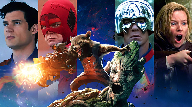 David Corenswet in Superman, Rainn Wilson in Super, John Cena as Peacemaker in The Suicide Squad, Elizabeth Banks in Slither, and in the middle, Rocket and Groot from Guardians of the Galaxy.