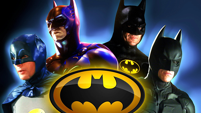 A collage of the Bat-Signal surrounded by Batman (Adam West) from Batman (1966), Batman (Val Kilmer) from Batman Forever, Batman (Michael Keaton) from Batman (1989), and Batman (Christian Bale) from The Dark Knight