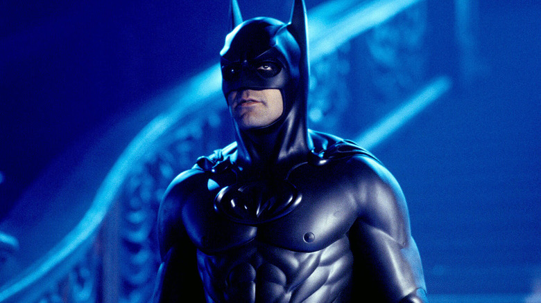 George Clooney as Batman looking upward in Batman and Robin