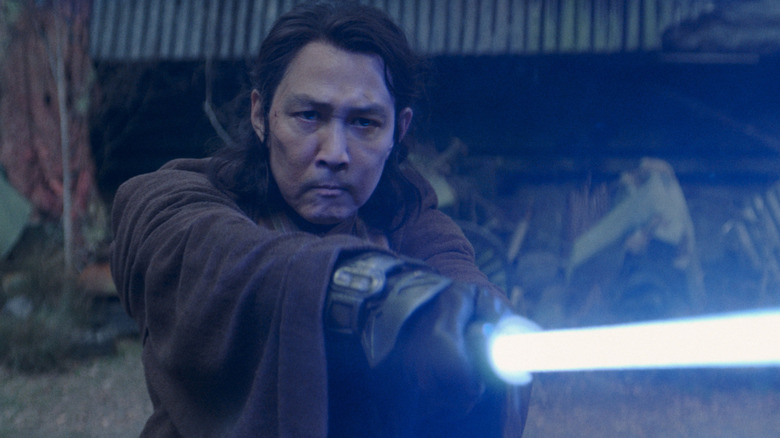Jedi Master Sol wielding his blue lightsaber in Star Wars: The Acolyte