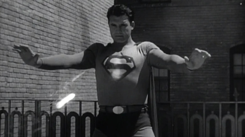 Superman (George Reeves) deflects bullets with his chest in Superman and the Mole Men