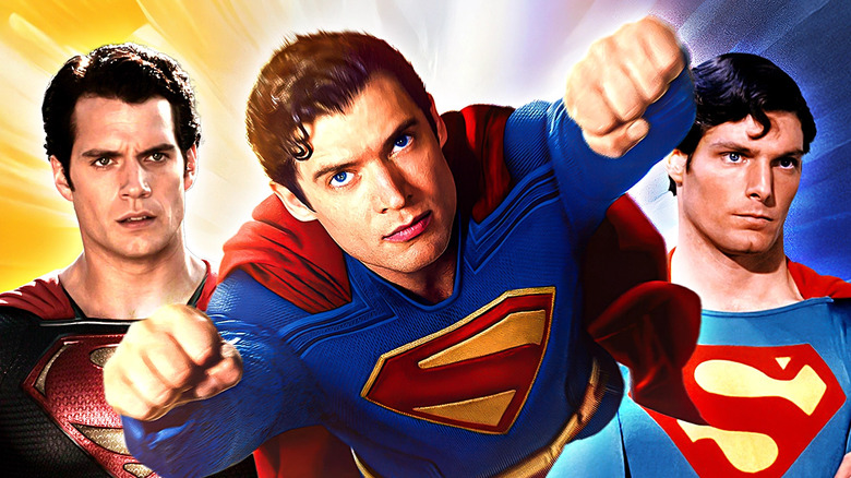 A collage of Superman (David Corenswet) in Superman (2025) flying in between Superman (Henry Cavill) in Man of Steel and Superman (Christopher Reeve) in Superman (1978)