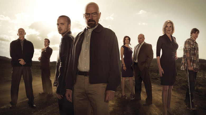 Jonathan Banks' Mike Ehrmantraut, Bob Odenkirk's Saul Goodman, Aaron Paul's Jesse Pinkman, Bryan Cranston's Walter White, Betsy Brandt's Marie Schrader, Dean Norris' Hank Schrader, Anna Gunn's Skyler White, and RJ Mitte's Walter White Jr. posing in Breaking Bad