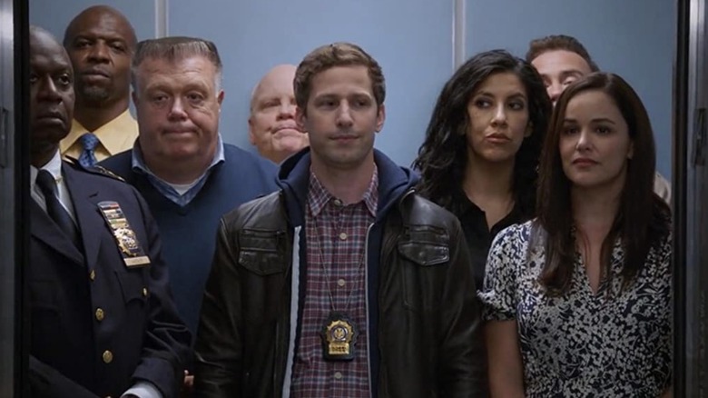 The cast of Brooklyn Nine-Nine elevator