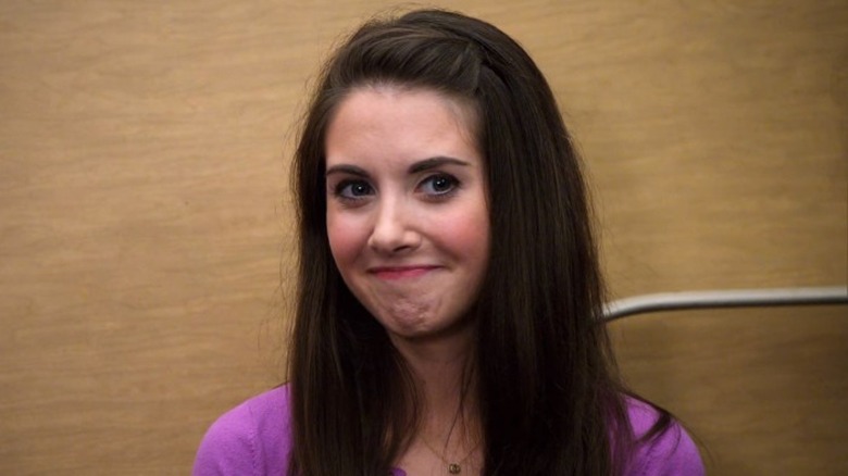 Annie Edison Alison Brie smiling purple shirt